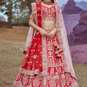 Red - Pure Silk Moti & Zarkan Heavy Embroidery Semi-Stitched Bridal Lehenga choli