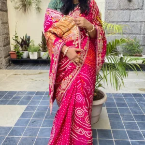 Sale Share Pure Gajji Silk Bandhani pattern Magenta Color Saree with Gota Patti Work