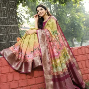 Light Green Colour Pure Viscose Dola Silk Saree with Pichwai Kalamkari Print - Luxe