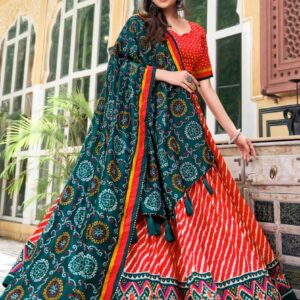 Rajasthani Red Lehenga Choli With Laheriya and Bandhani print