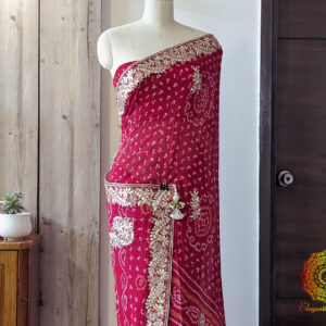 Red Pure Crepe Rai Bandhej Gota Patti Saree