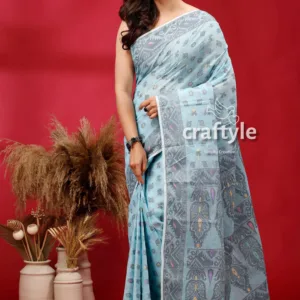 Bizzard Blue Premium Bengal Cotton Jamdani Saree