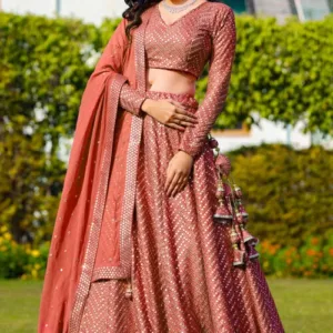 Embroidered Georgette Lehenga in Dark Peach